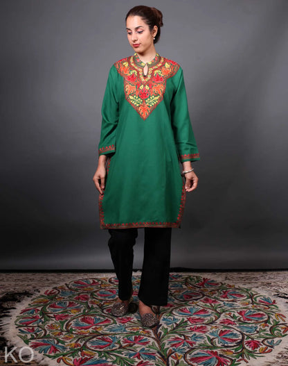 Mandarin  collar Green Aari Embroidered Cotton Kurti