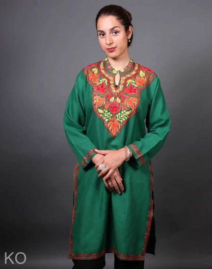 Mandarin  collar Green Aari Embroidered Cotton Kurti