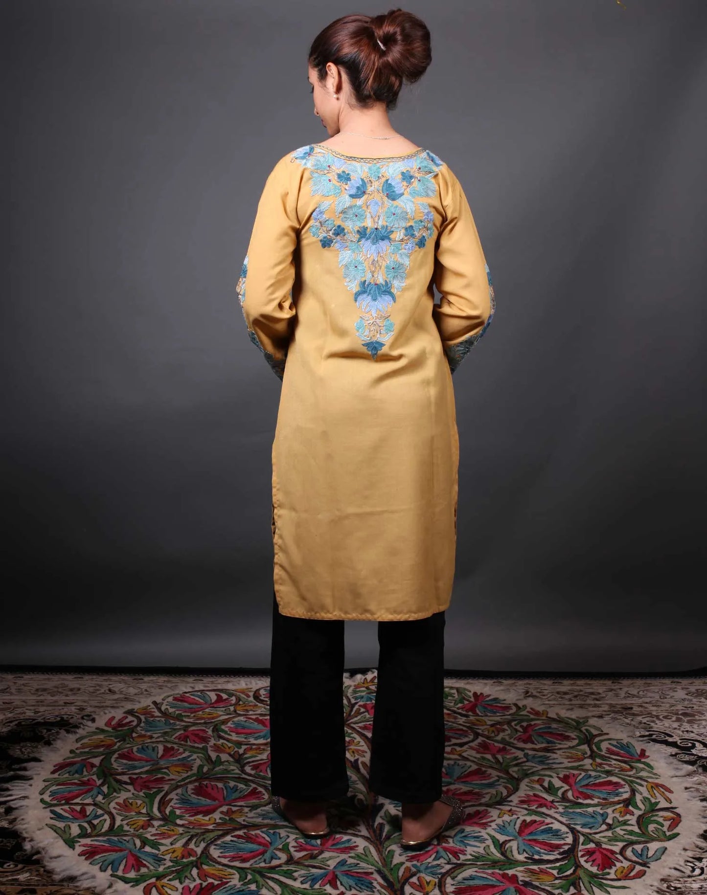 Front  Back Work Skin Tone Aari Embroidered Cotton Kurti