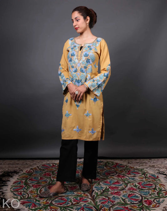 Front  Back Work Skin Tone Aari Embroidered Cotton Kurti