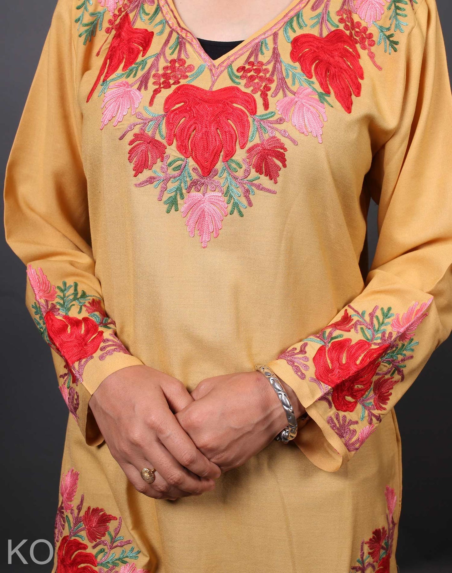 Skin Tone Aari Embroidered Cotton Kurti