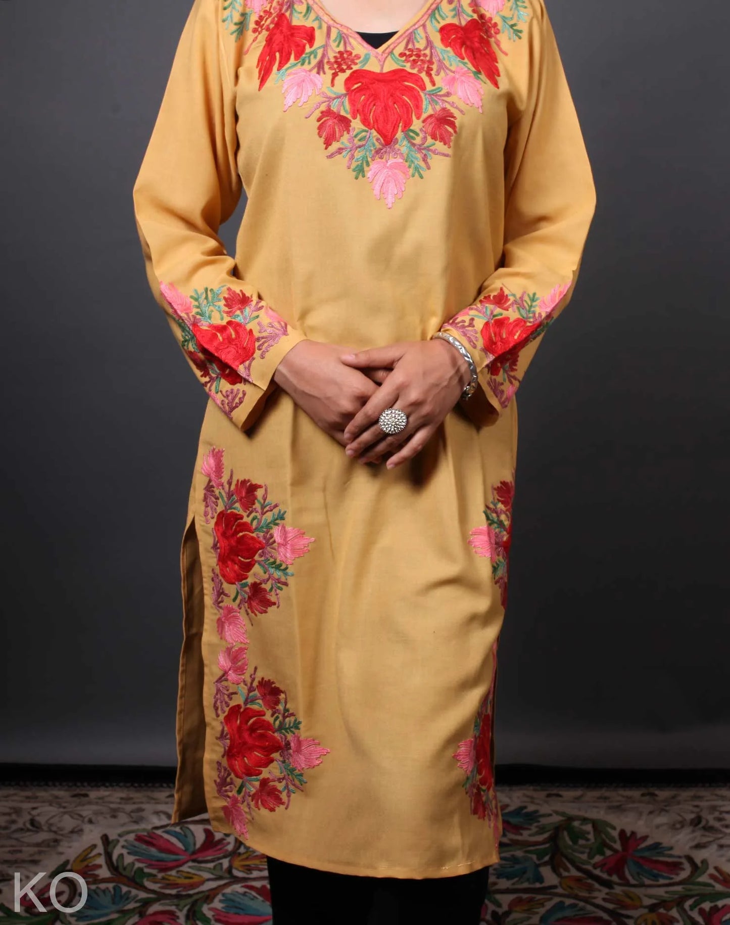 Skin Tone Aari Embroidered Cotton Kurti