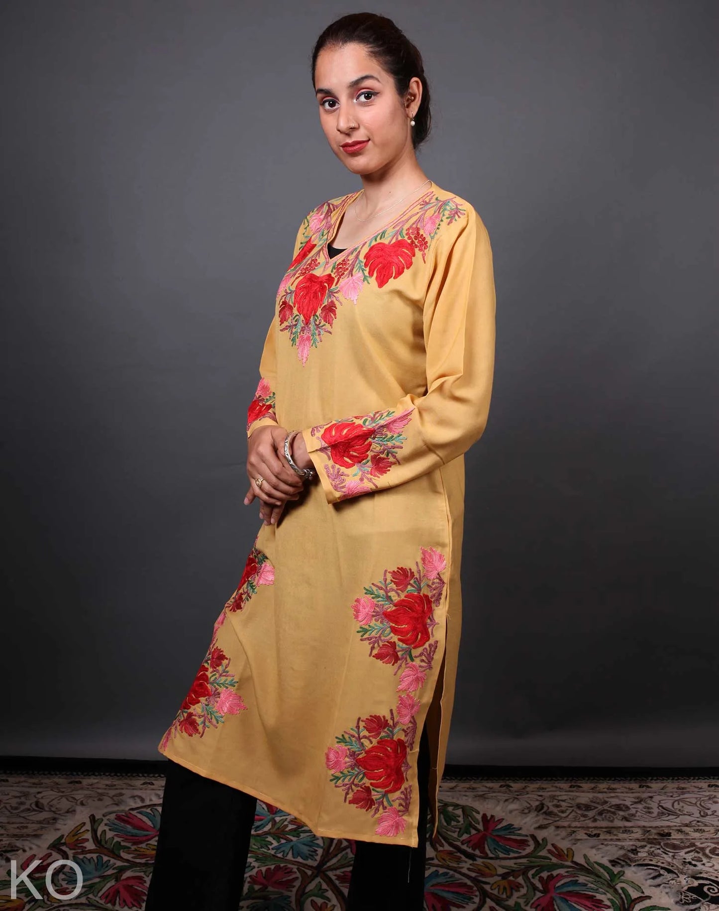 Skin Tone Aari Embroidered Cotton Kurti