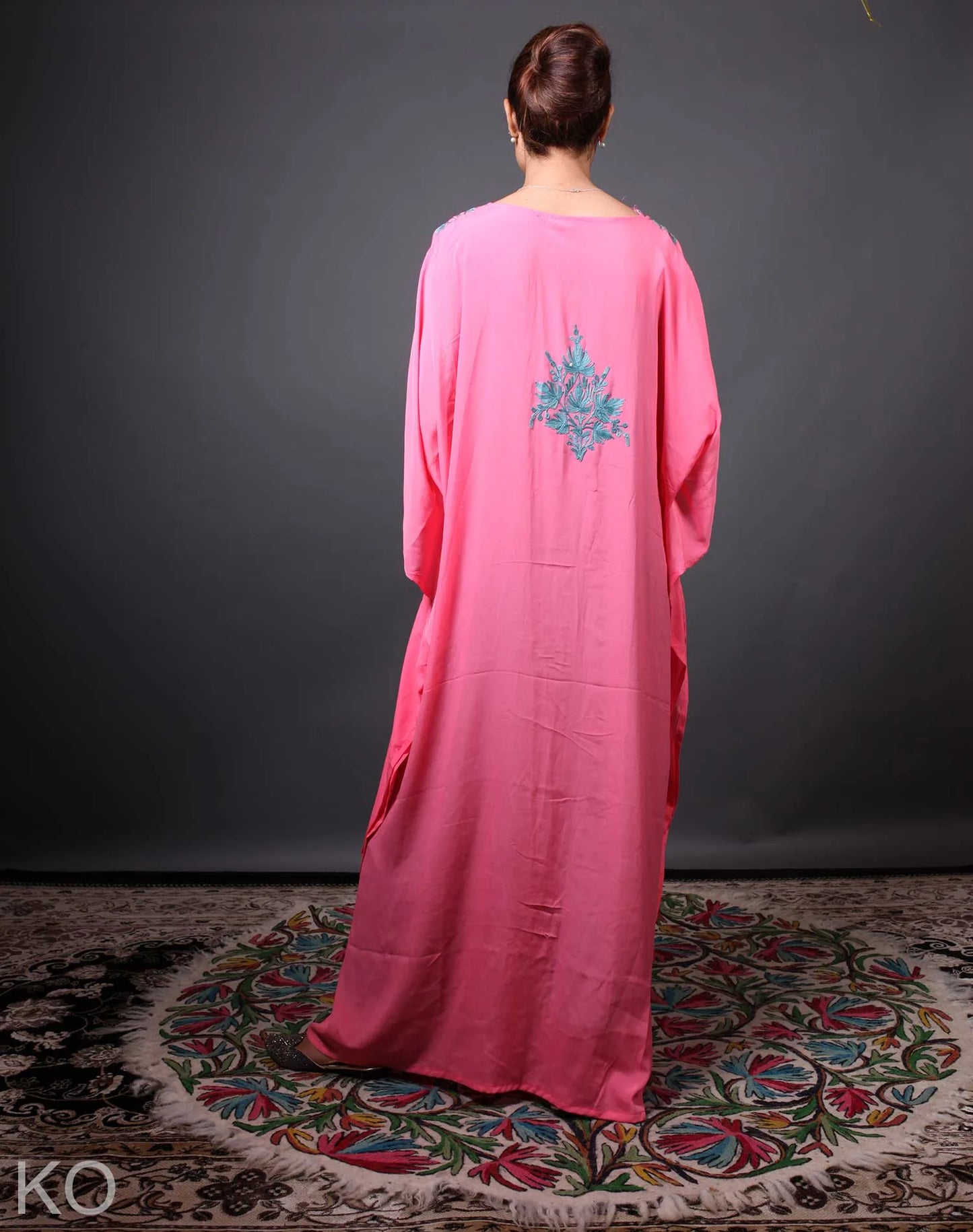 Chiffon Base Pink Aari Embroidered Kaftan