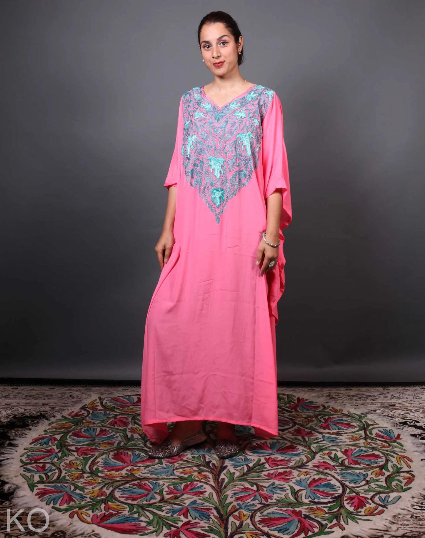 Chiffon Base Pink Aari Embroidered Kaftan