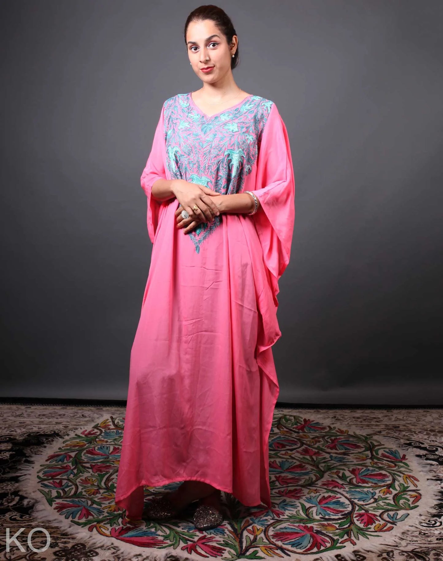 Chiffon Base Pink Aari Embroidered Kaftan