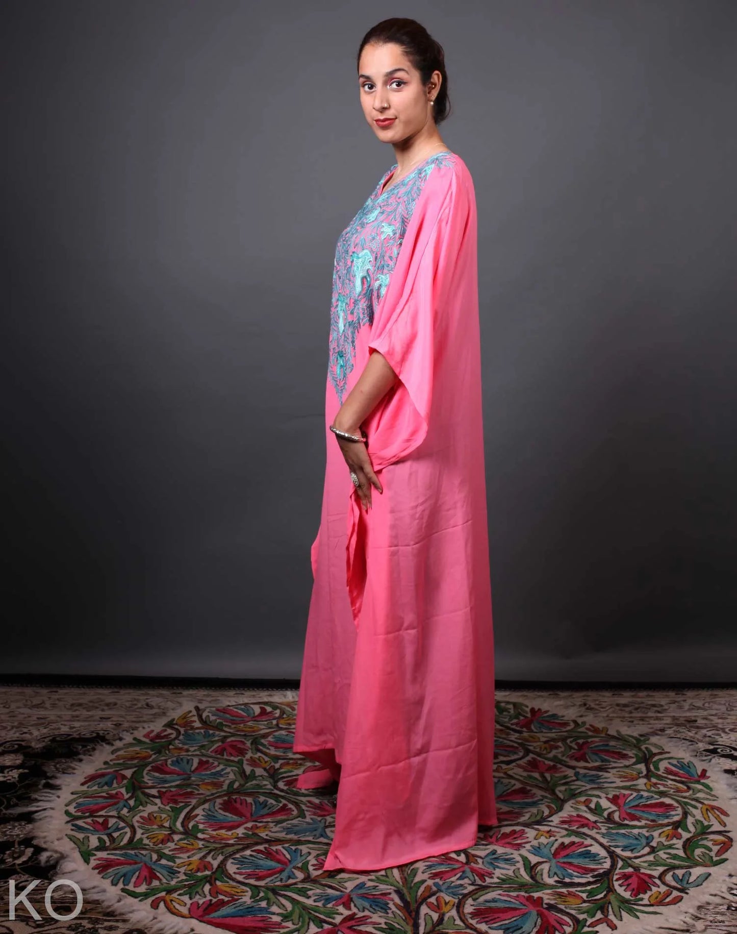 Chiffon Base Pink Aari Embroidered Kaftan