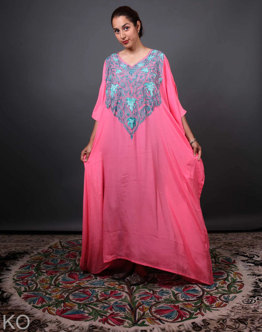 Chiffon Base Pink Aari Embroidered Kaftan