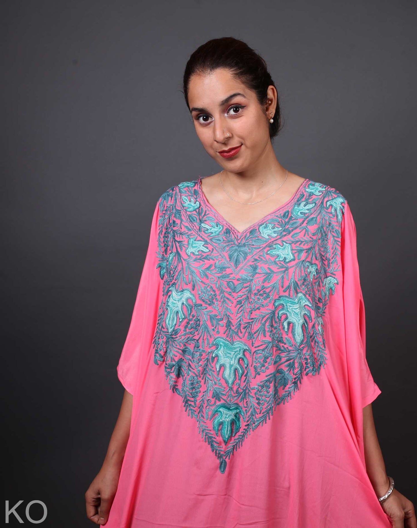 Chiffon Base Pink Aari Embroidered Kaftan