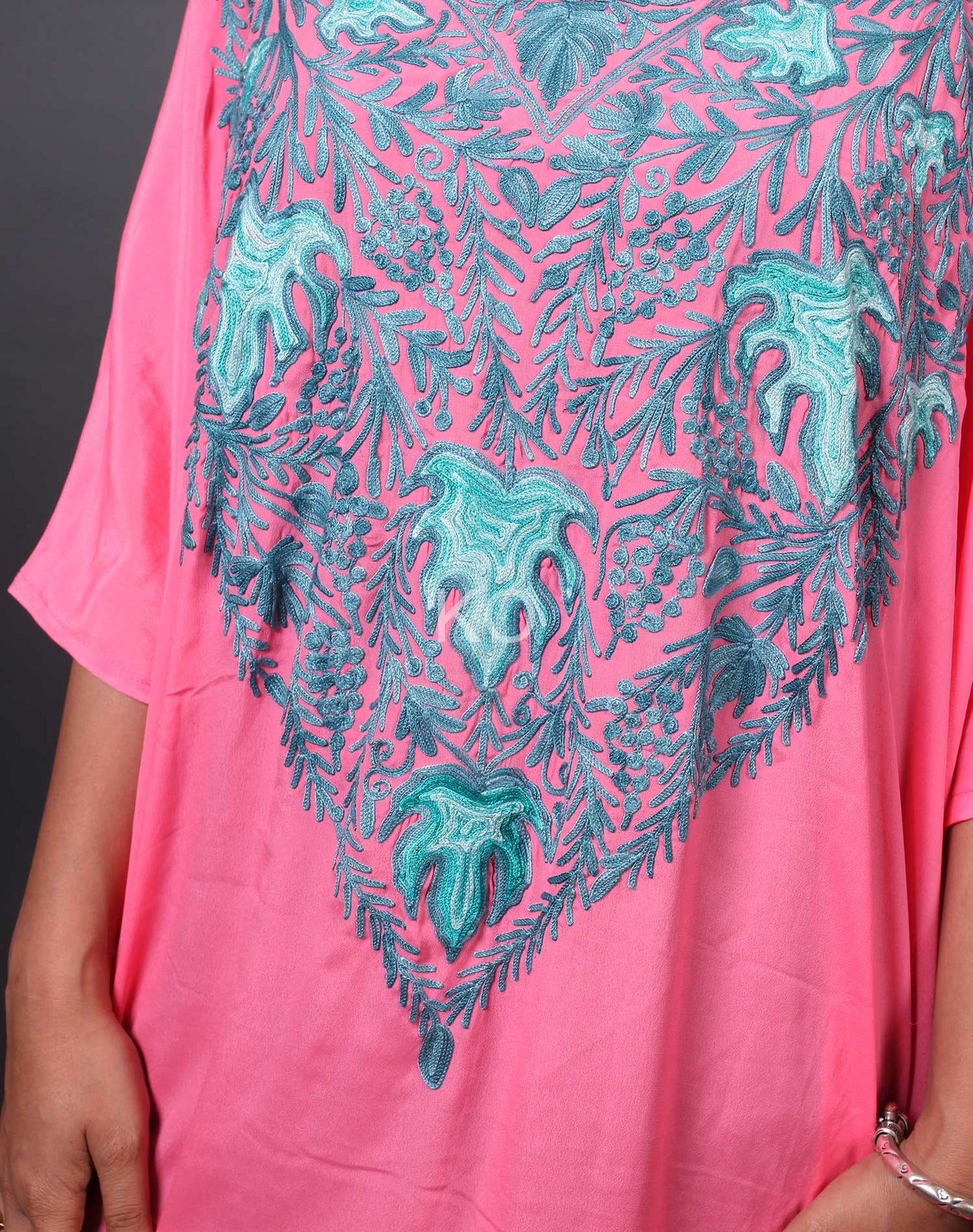 Chiffon Base Pink Aari Embroidered Kaftan