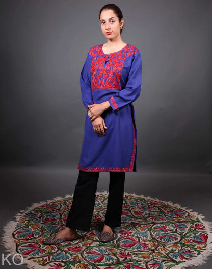 Blue and Red Aari Embroidered Cotton Kurti