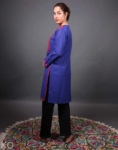 Blue and Red Aari Embroidered Cotton Kurti