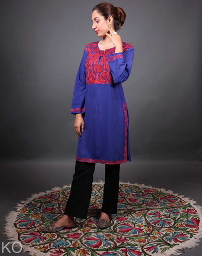 Blue and Red Aari Embroidered Cotton Kurti