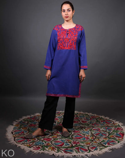 Blue and Red Aari Embroidered Cotton Kurti