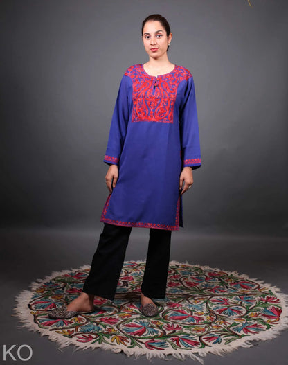 Blue and Red Aari Embroidered Cotton Kurti