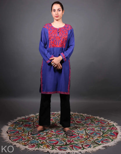 Blue and Red Aari Embroidered Cotton Kurti