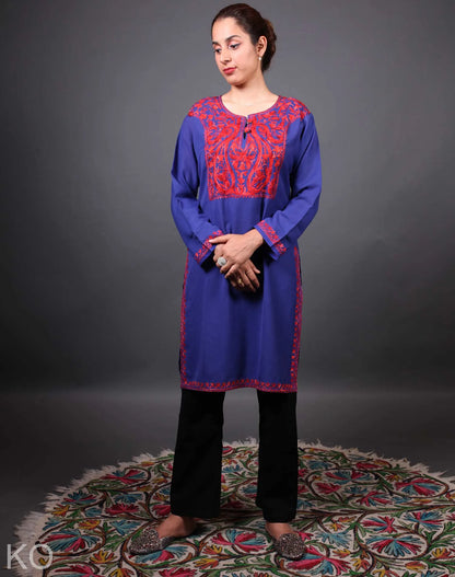 Blue and Red Aari Embroidered Cotton Kurti