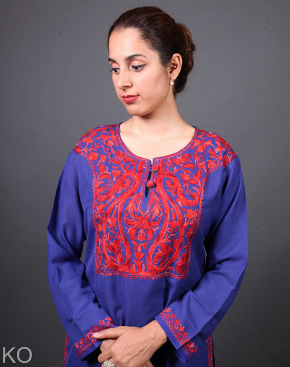 Blue and Red Aari Embroidered Cotton Kurti