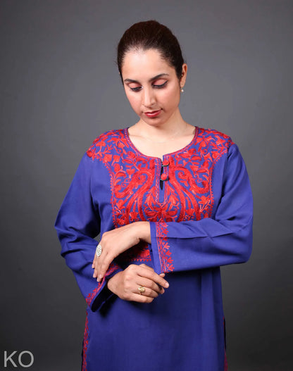 Blue and Red Aari Embroidered Cotton Kurti