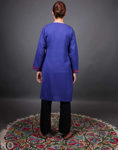 Blue and Red Aari Embroidered Cotton Kurti