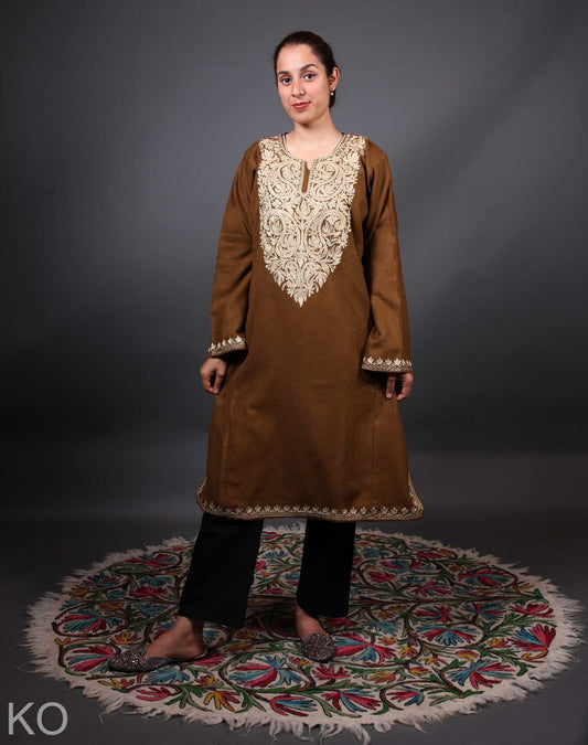 Brown Base Zari Embroidered Pheran