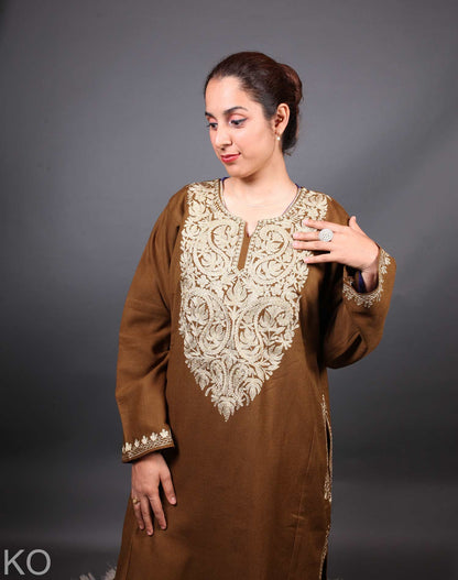 Brown Base Zari Embroidered Pheran