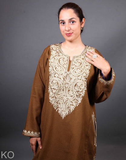 Brown Base Zari Embroidered Pheran