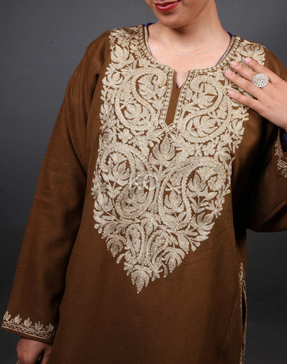 Brown Base Zari Embroidered Pheran