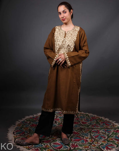 Brown Base Zari Embroidered Pheran