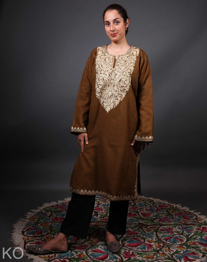 Brown Base Zari Embroidered Pheran