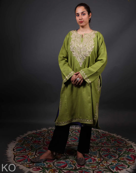 Green Base Zari Embroidered Fine Wool Phiran