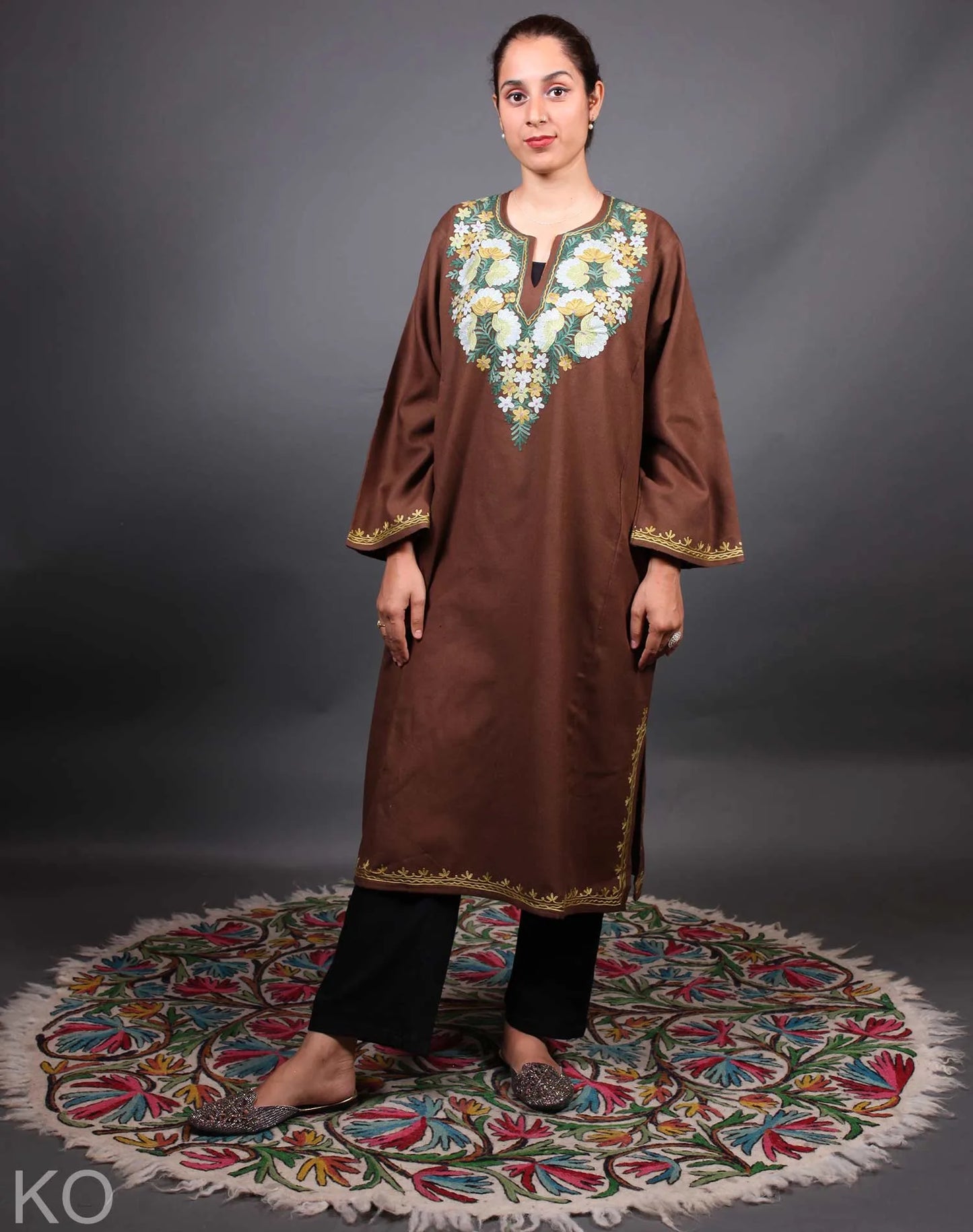 Brown Base Floral Design Kashmiri Phiran