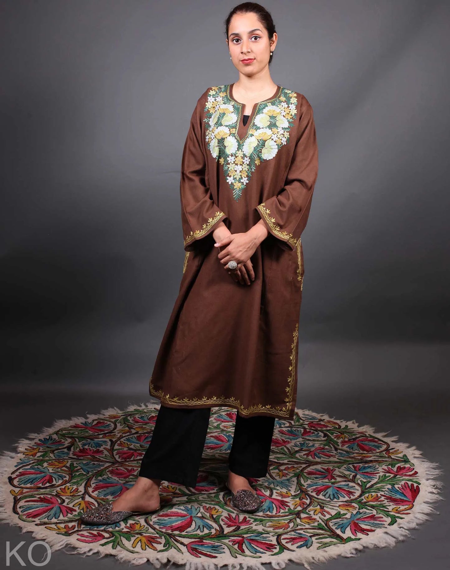 Brown Base Floral Design Kashmiri Phiran