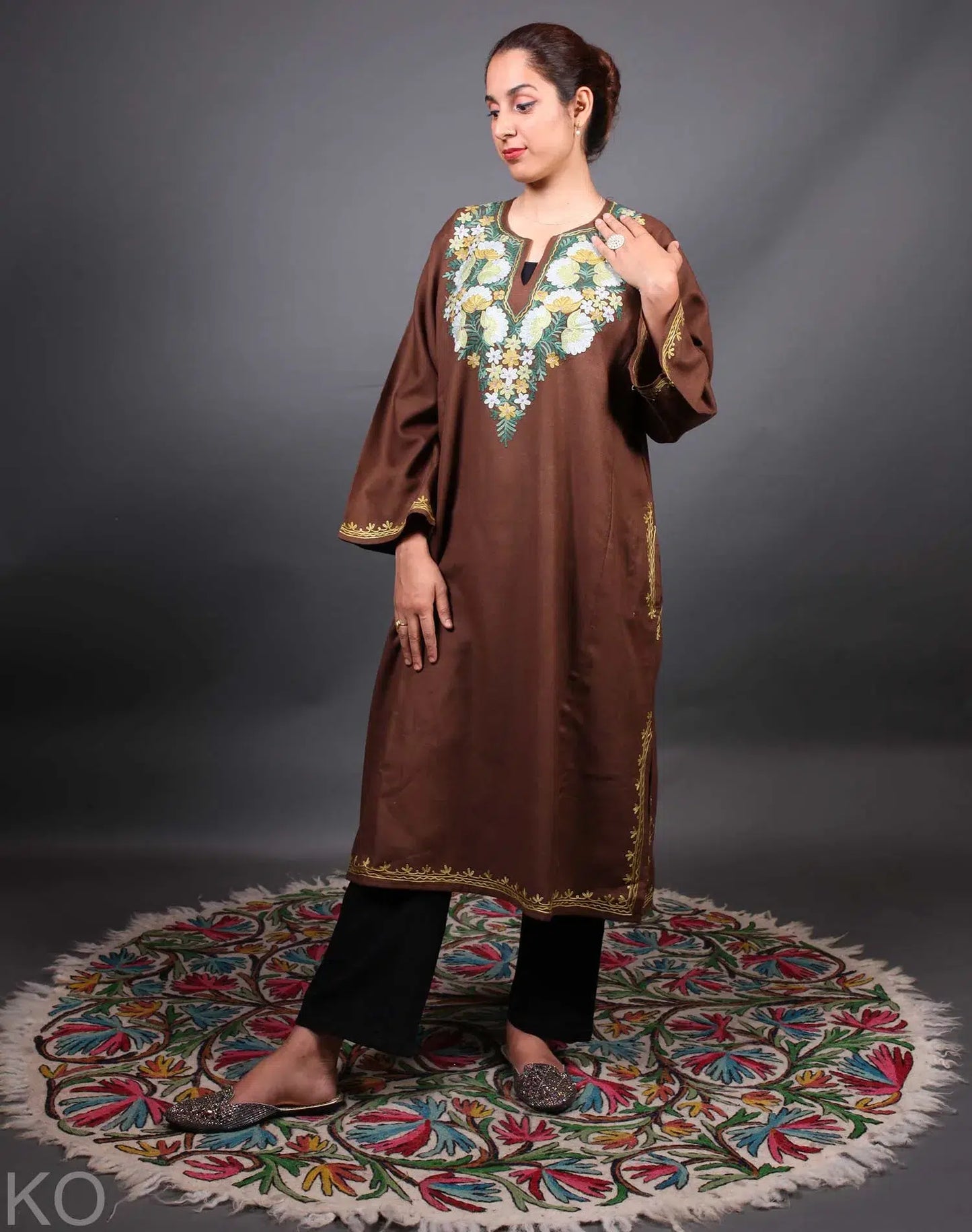 Brown Base Floral Design Kashmiri Phiran