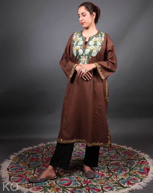 Brown Base Floral Design Kashmiri Phiran