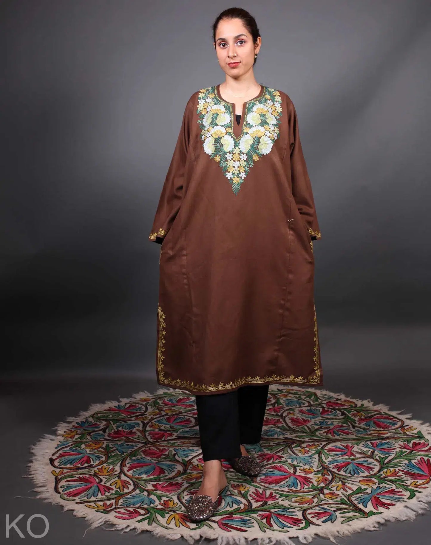 Brown Base Floral Design Kashmiri Phiran