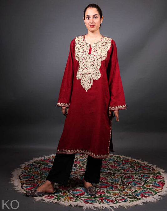 Maroon Base Zari Embroidered Fine Wool Pheran