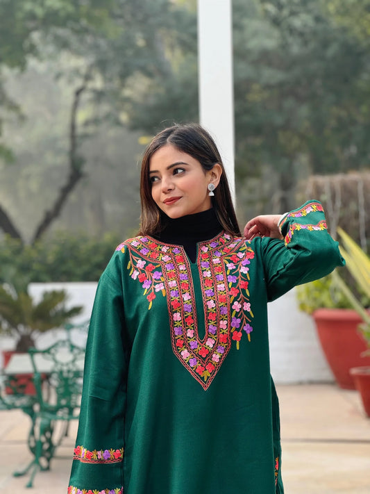 Forest Green Aari Embroidered Pheran