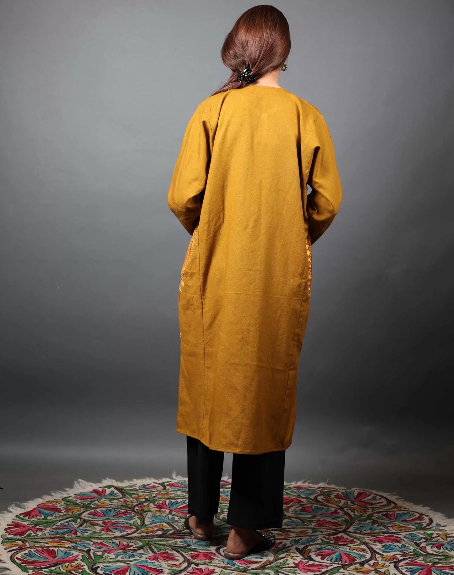 Mustard Base Aari Embroidered Pheran