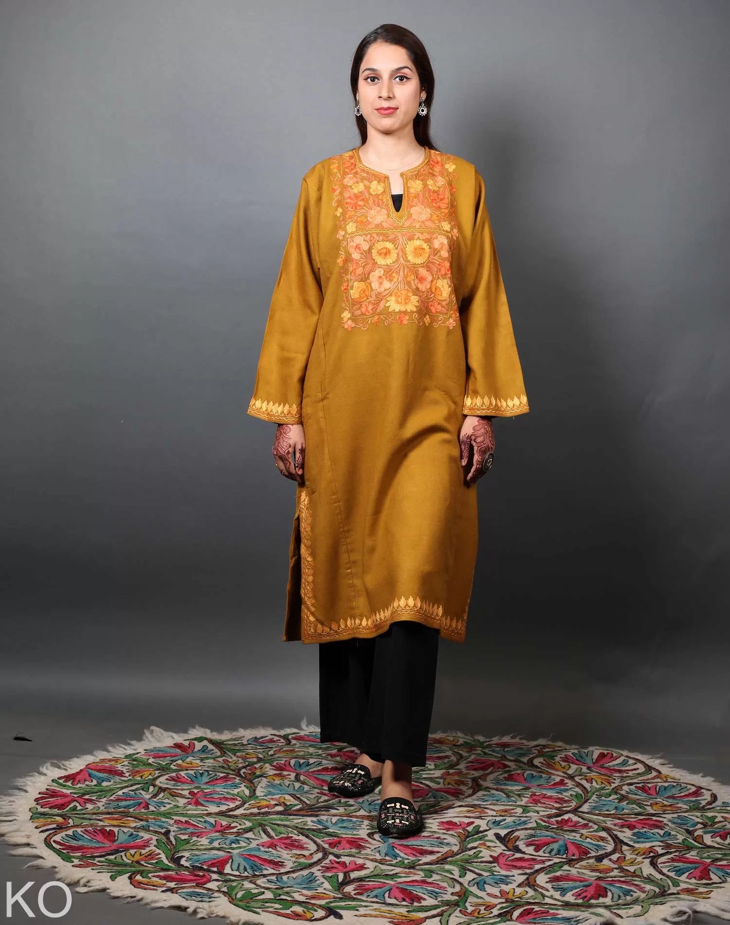 Mustard Base Aari Embroidered Pheran