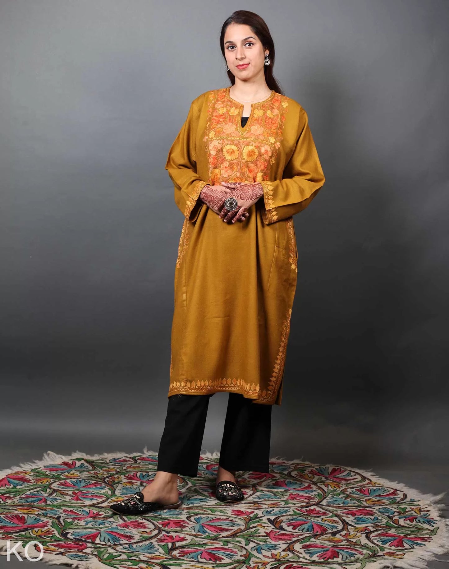 Mustard Base Aari Embroidered Pheran