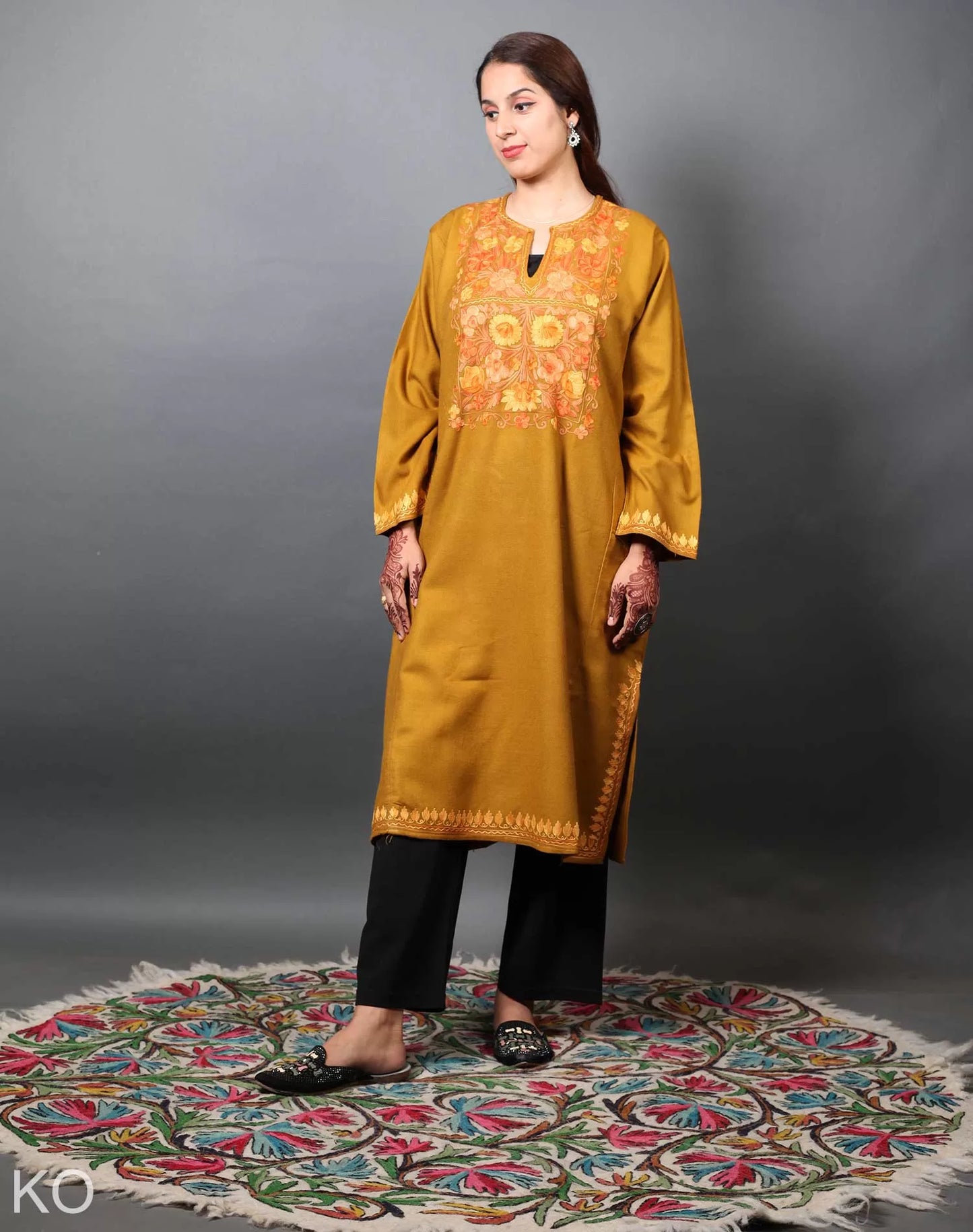 Mustard Base Aari Embroidered Pheran