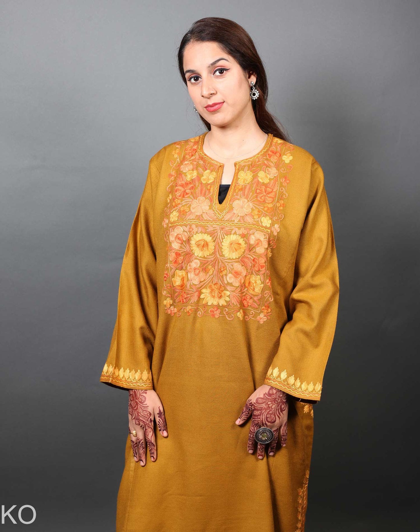 Mustard Base Aari Embroidered Pheran