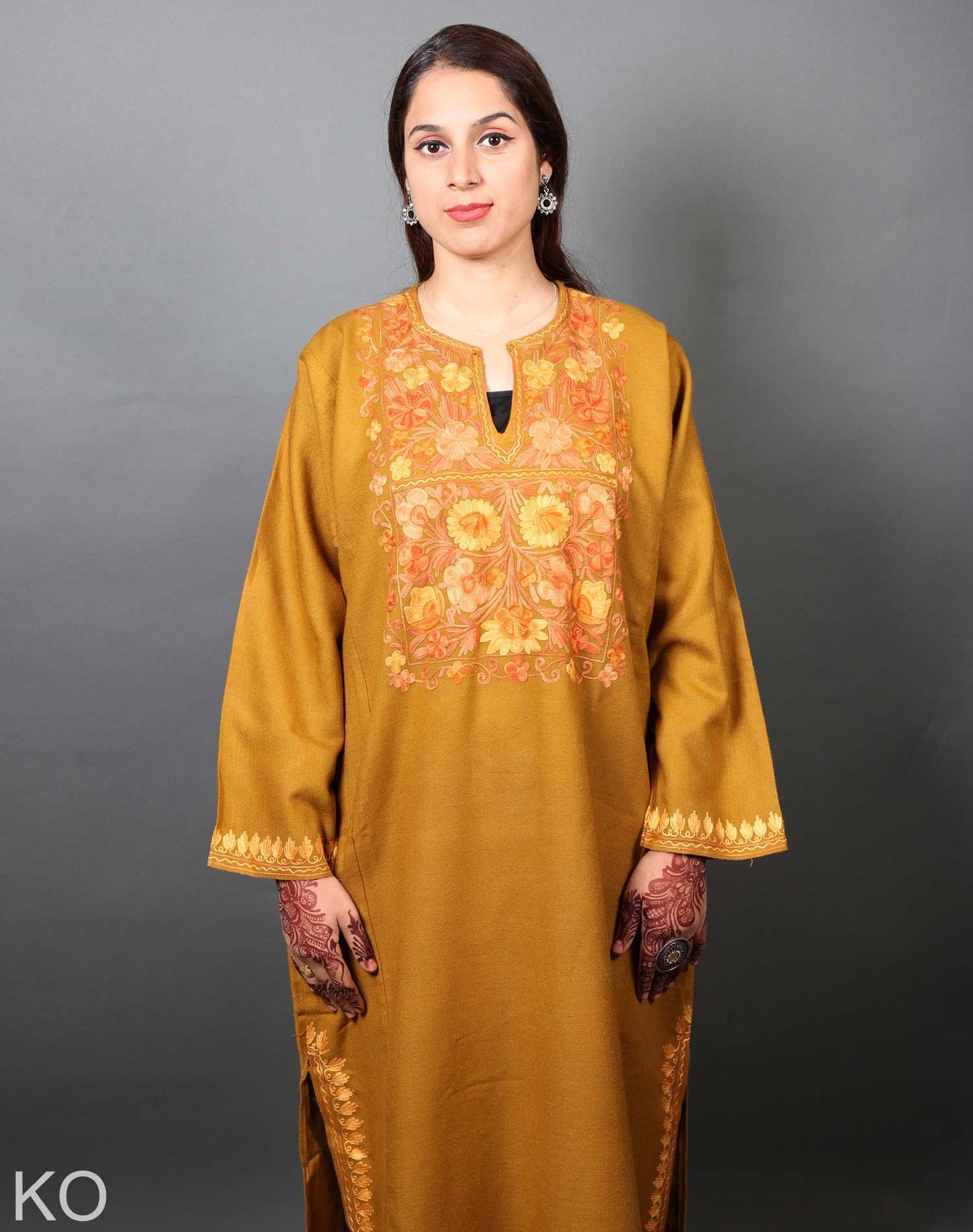 Mustard Base Aari Embroidered Pheran