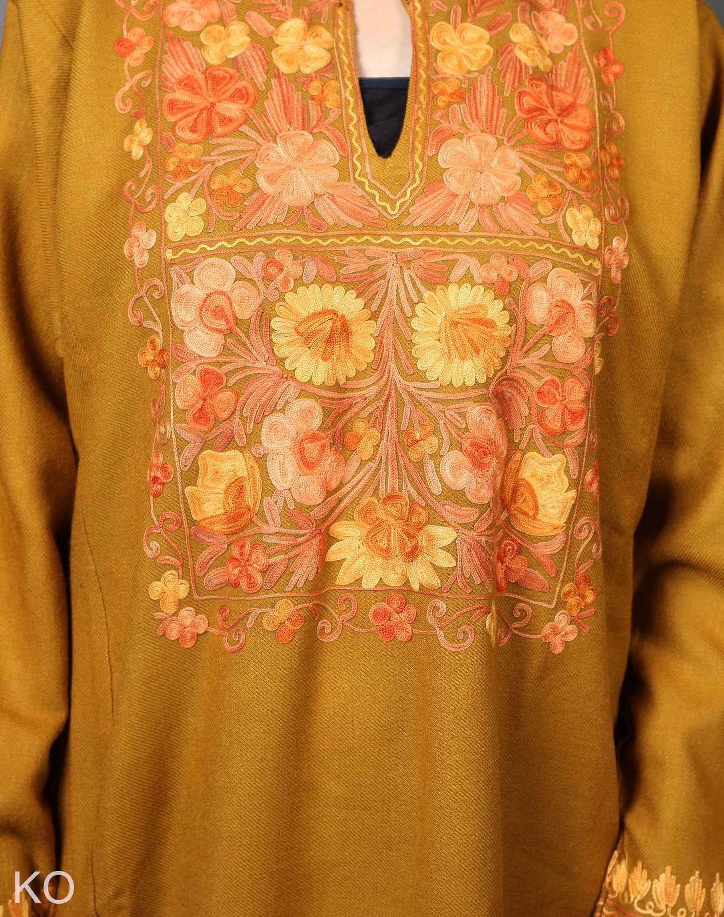 Mustard Base Aari Embroidered Pheran