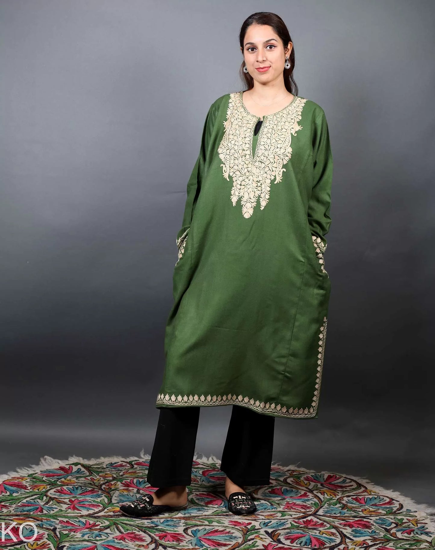 Bottle Green Aari Embroidered Pheran