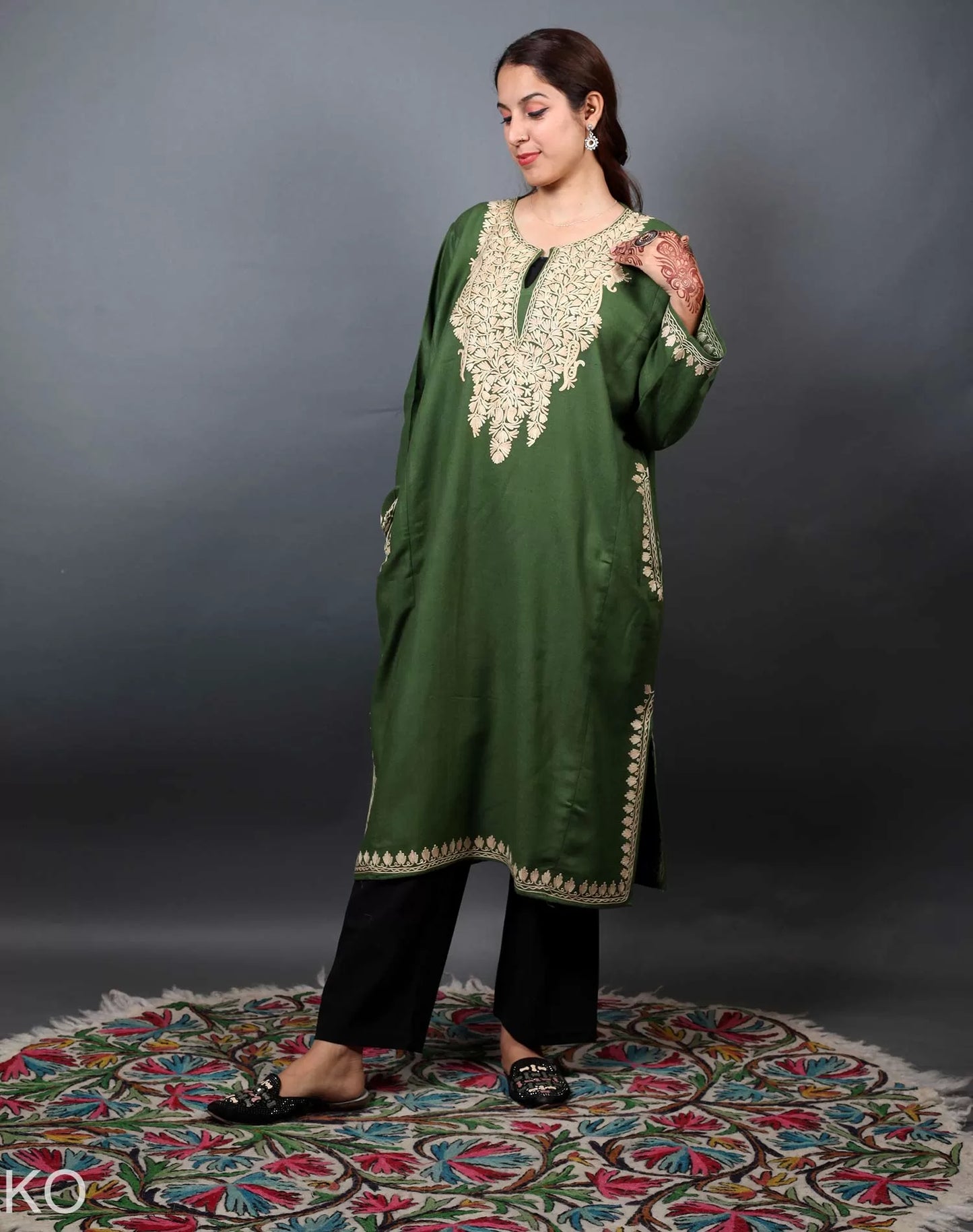 Bottle Green Aari Embroidered Pheran