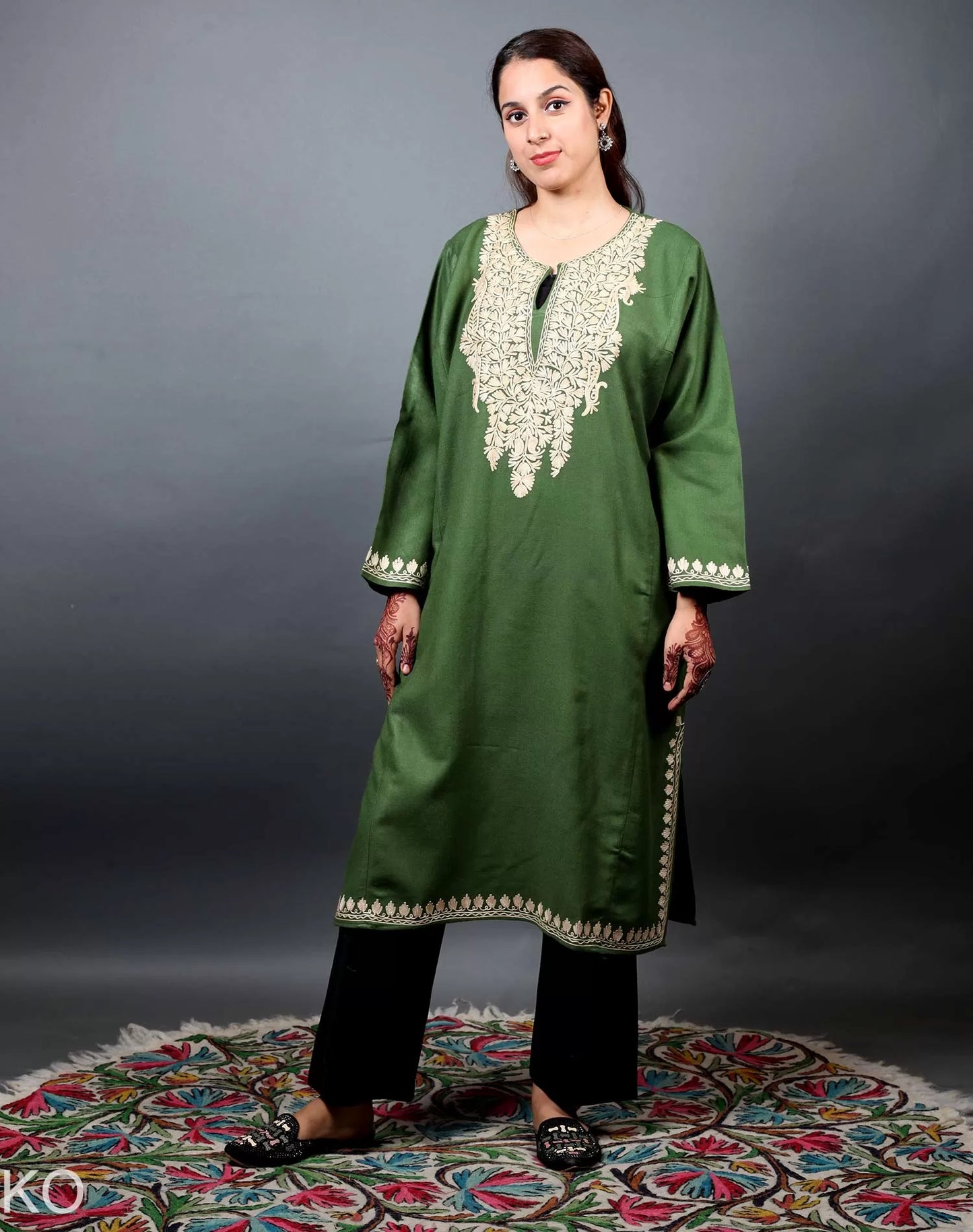 Bottle Green Aari Embroidered Pheran