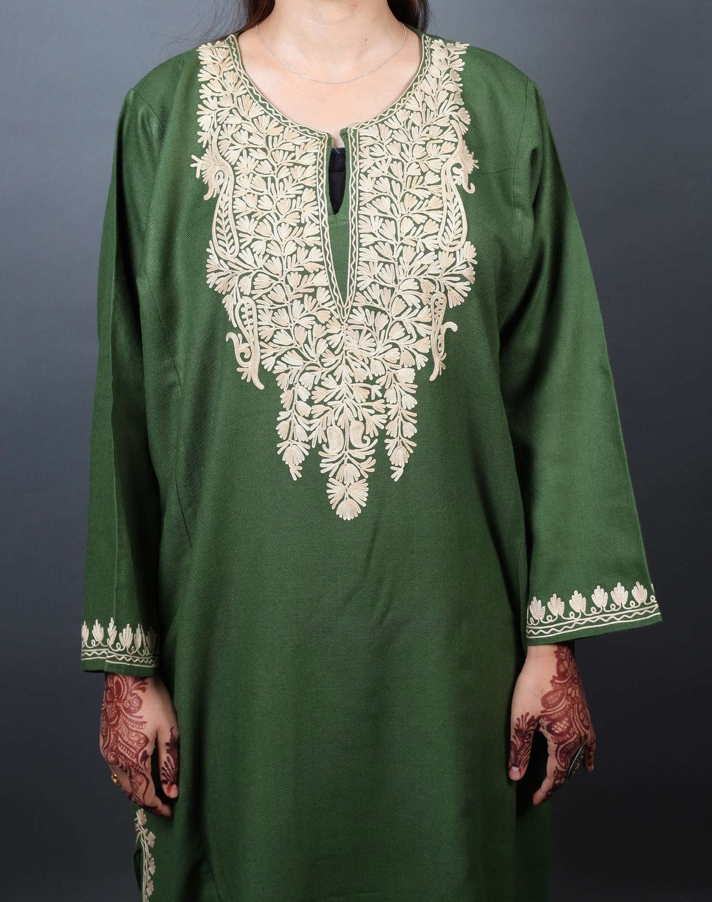 Bottle Green Aari Embroidered Pheran