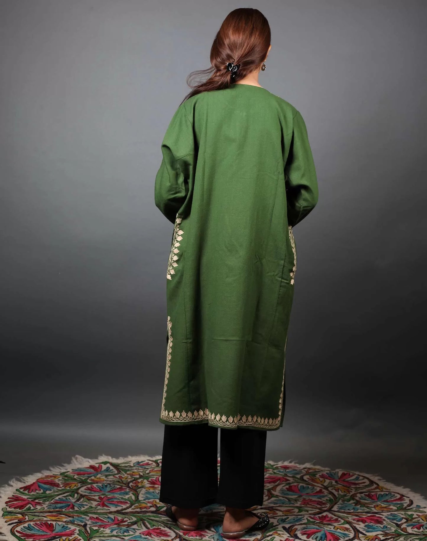 Bottle Green Aari Embroidered Pheran